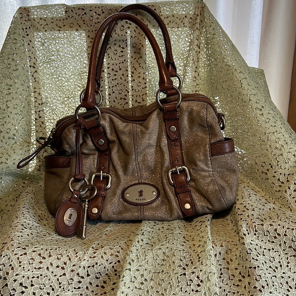 Fossil leather and sage sparkly bag